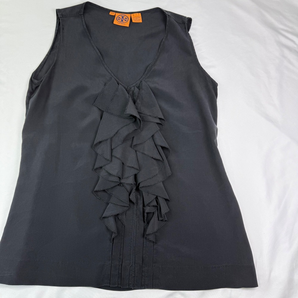 Tory Burch Black 100% Silk Ruffle Front V-Neck Sleeveless Blouse Top 8 24081132